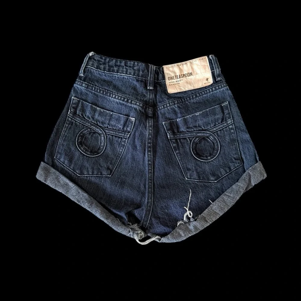 One Teaspoon Women's Bandits Dark‎ Blue Denim Shorts Sz 22 Embroidered Custom